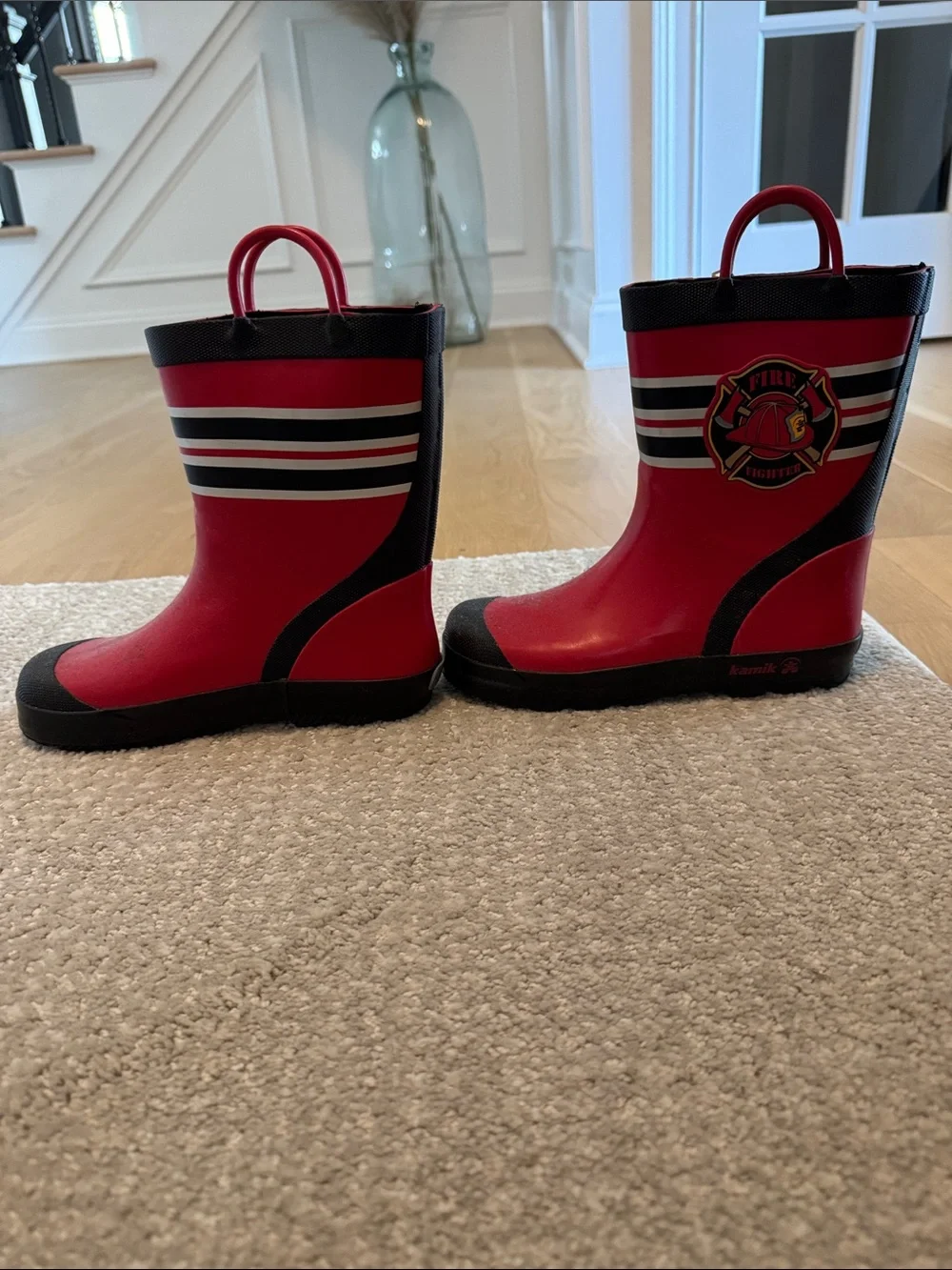 Kamik Kids Red Rain Boots with Black Trim and Striped Accent